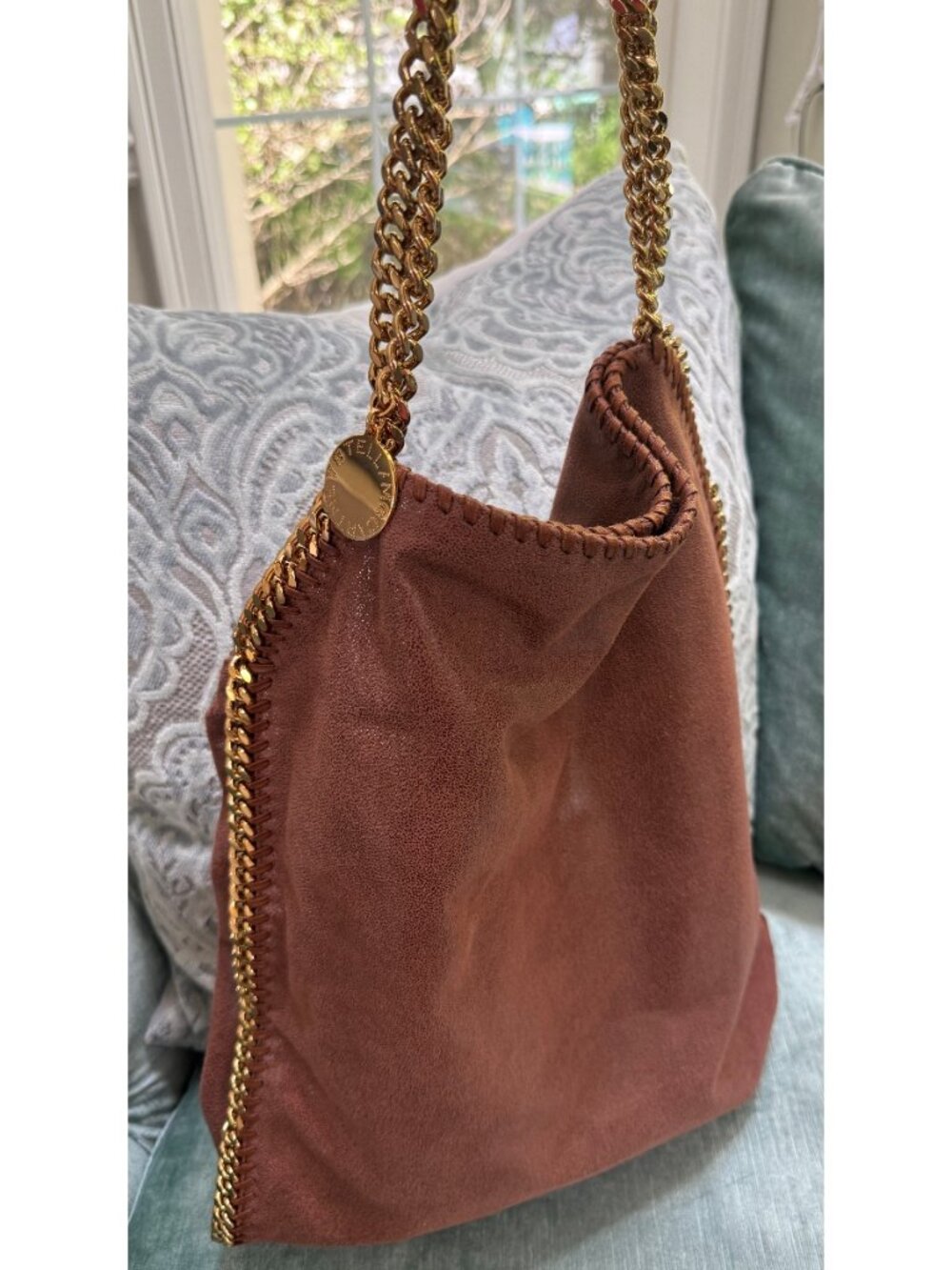 NEW NWOT STELLA MCCARTNEY FALABELLA BROWN FAUX SUEDE GOLD CHAIN TOTE HAND BAG